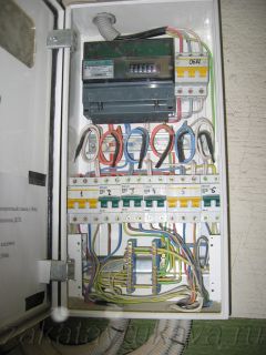 Распределительный шкаф. Автоматы соединены с помощью неразрывных перемычек, предусмотрен запас провода.
